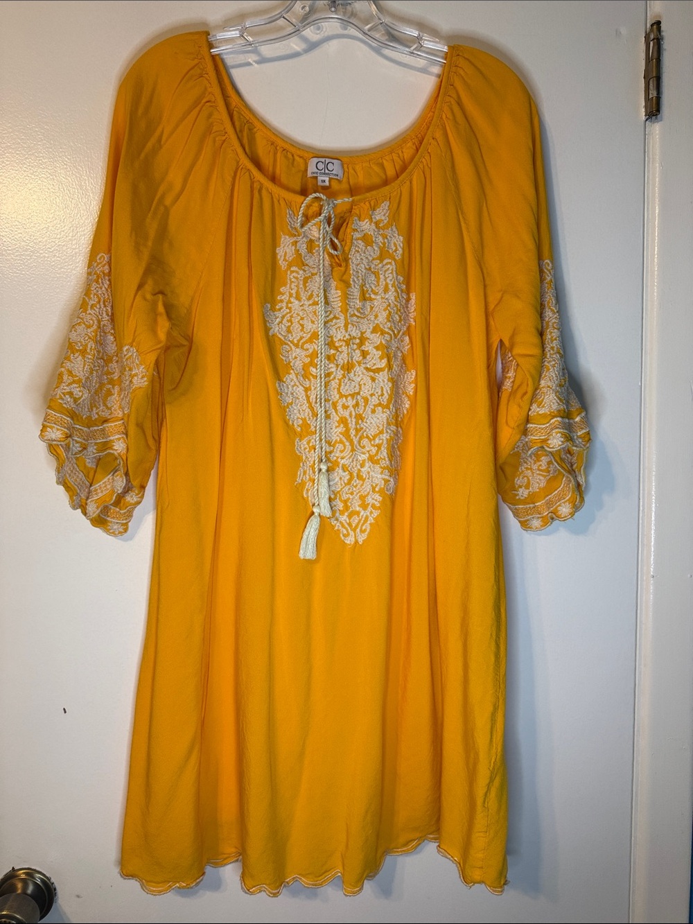 Chic Connection Yellow Embroidered Peasant Top with Tassel Tie